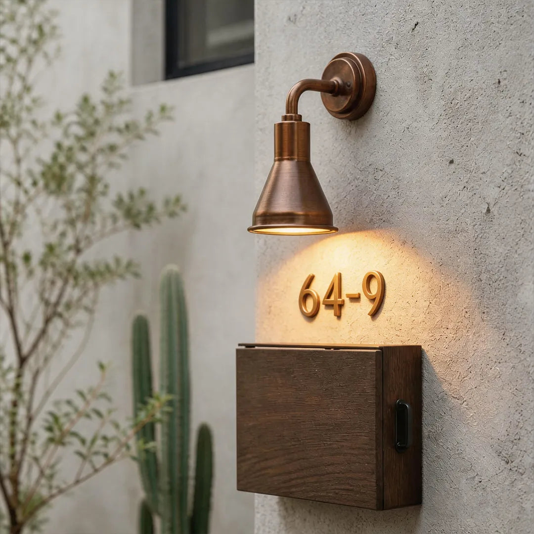 Wall sconces outdoor lighting installed beside a house number with warm exterior illumination.