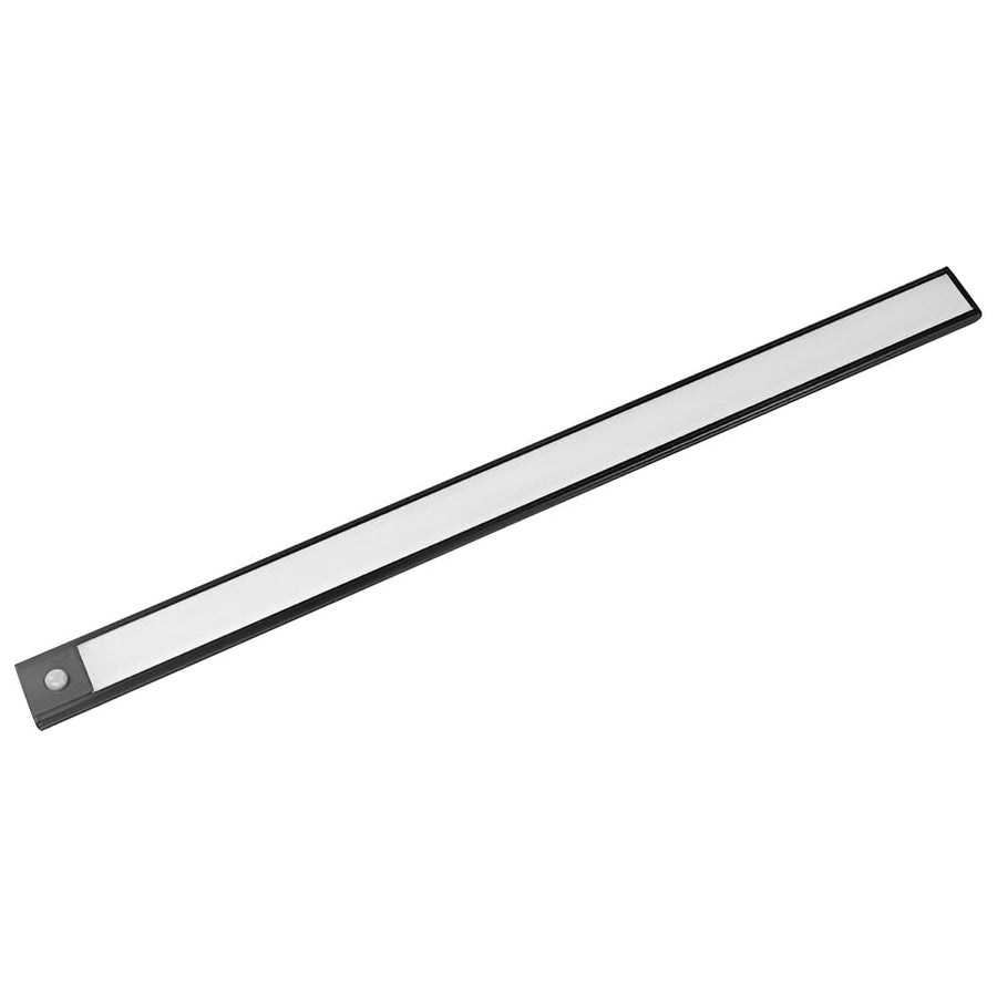 High-contrast view of the sleek black finish wireless under cabinet lighting fixture for modern interiors.