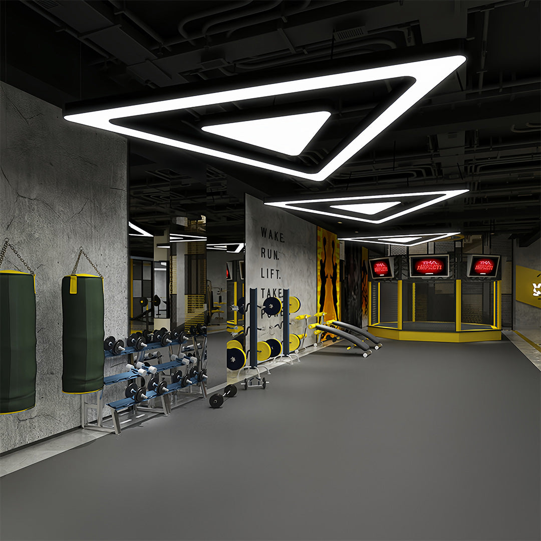 Interior shot of a black modern chandelier with clean lines, complementing the sleek design of the room.