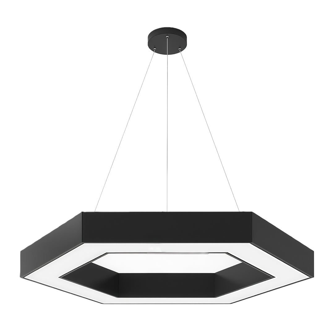 Interior view of a modern space illuminated by multiple geometric chandeliers, offering a clean and stylish ambiance.