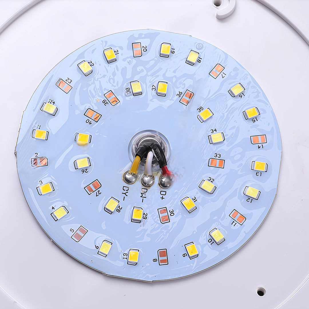 Detailed internal view of the solar light pillar showcasing its round, multi-color LED chip panel.