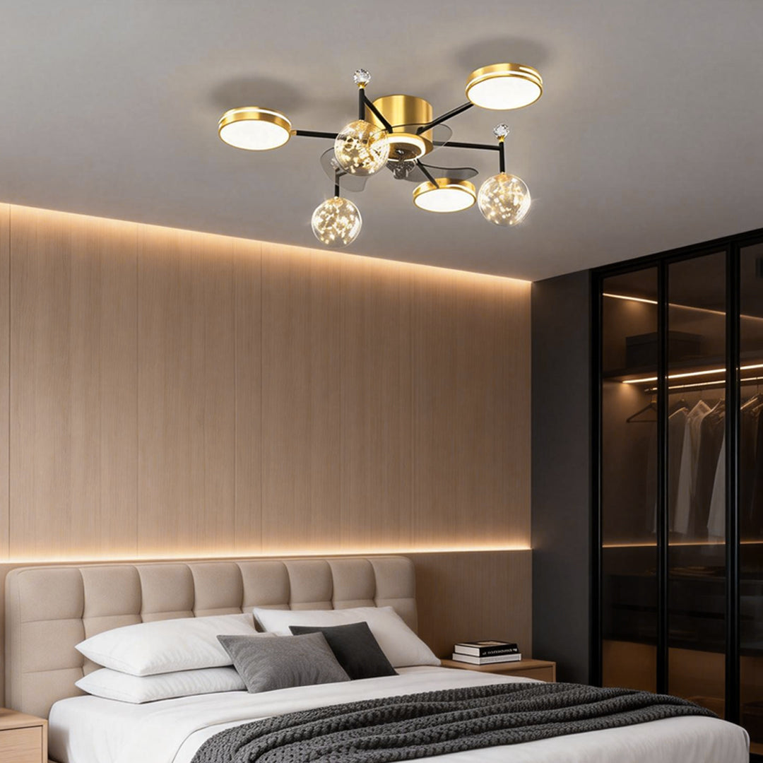 Invisible blade fan light adding elegance to a contemporary bedroom with a tufted headboard.