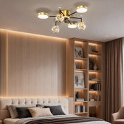 Invisible blade fan light illuminating a modern bedroom with wooden shelves and a cozy bed.