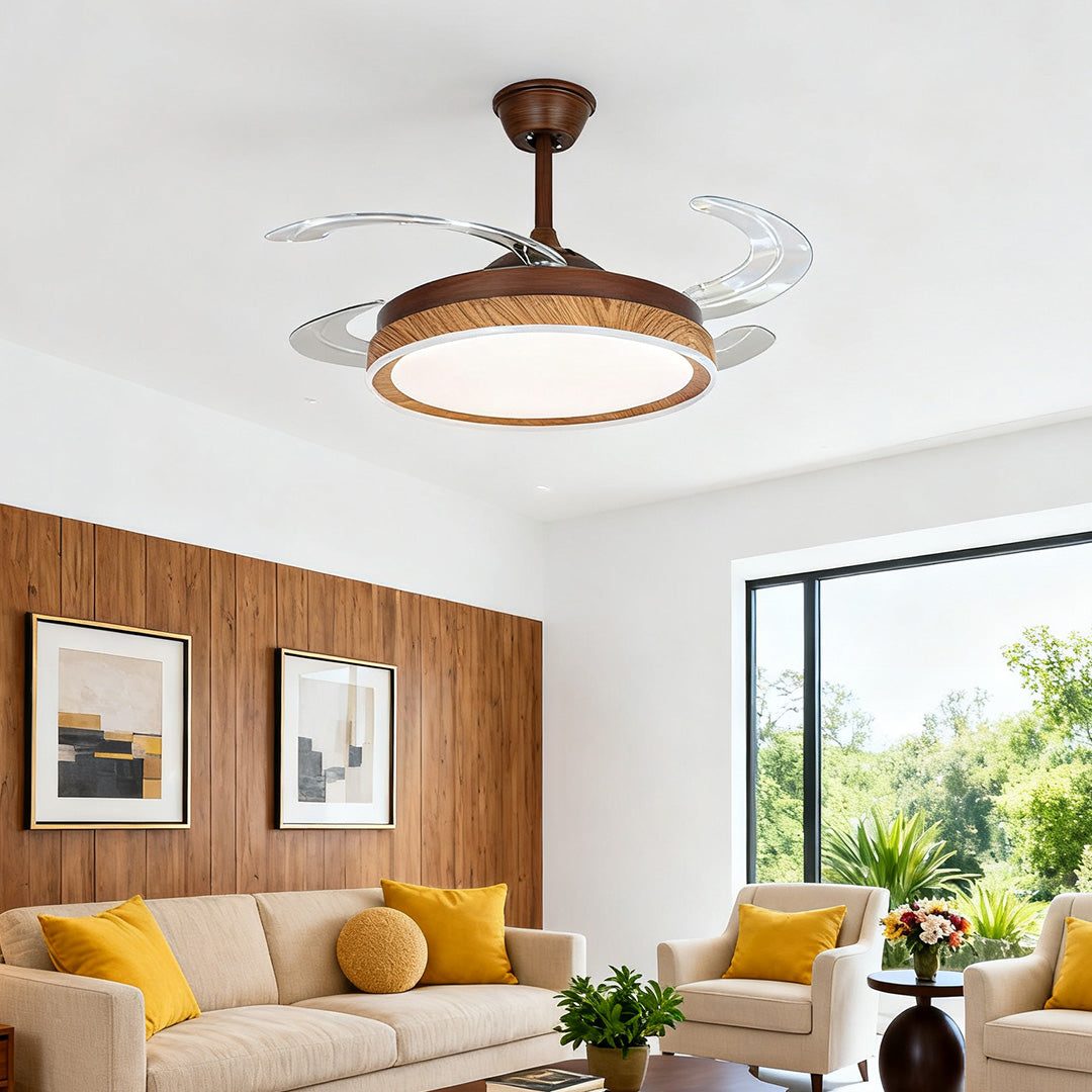 Invisible blades ceiling fan with 4 lights illuminating a spacious living room with wood paneling 