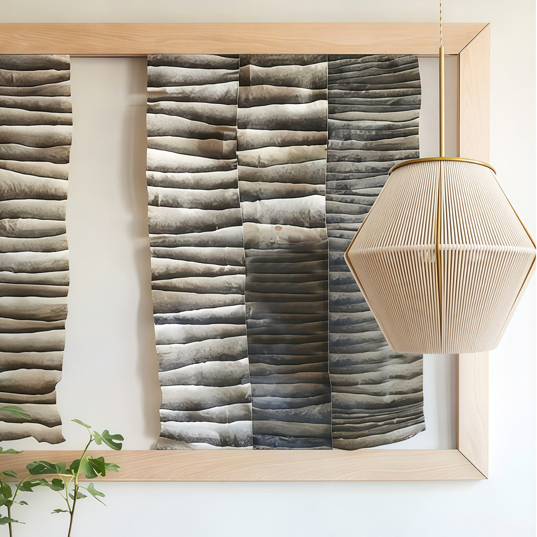 Pendant light with Japanese-inspired design, offering soft and inviting illumination in a warm-toned room.