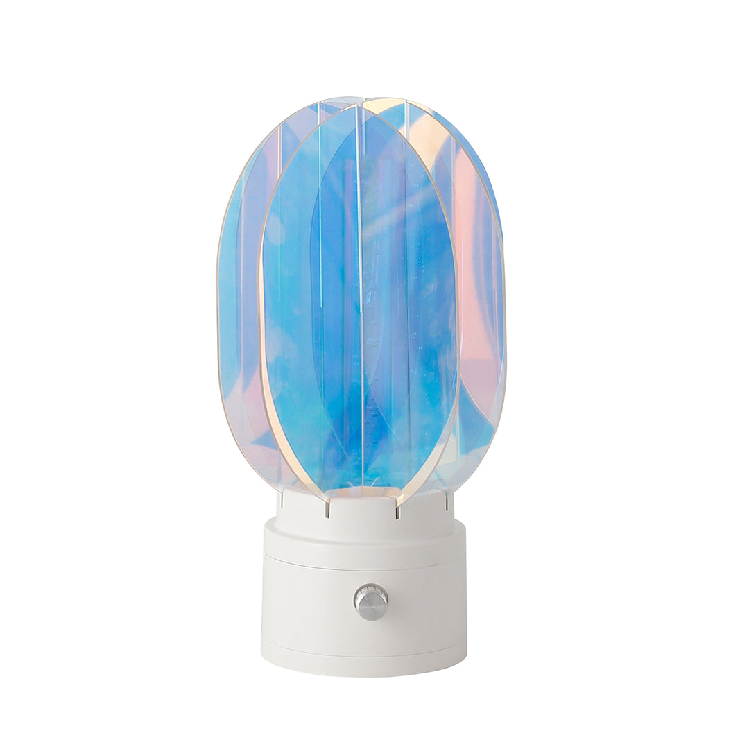 Elegant colourful table lamps featuring iridescent glass shade with minimalist white ceramic base