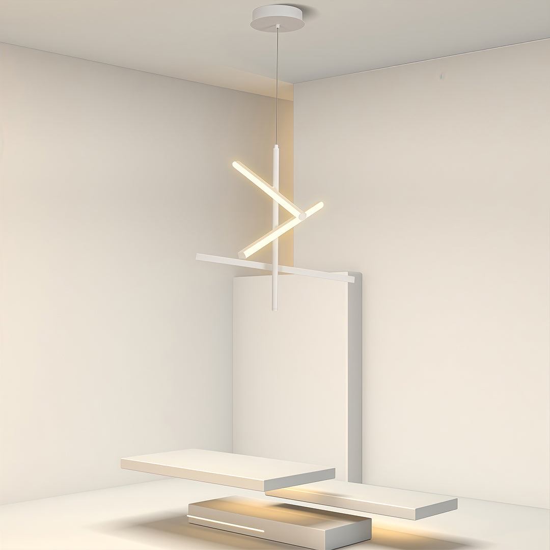 Iron linear chandelier brightening minimal hallway with natural light and contemporary aesthetic.