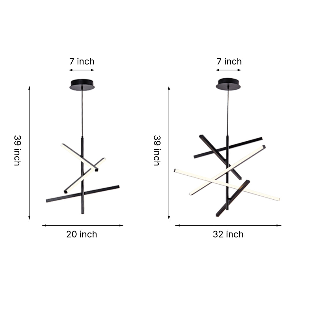 Iron linear chandelier technical drawing showing two size options with measurements and black finish on white background.