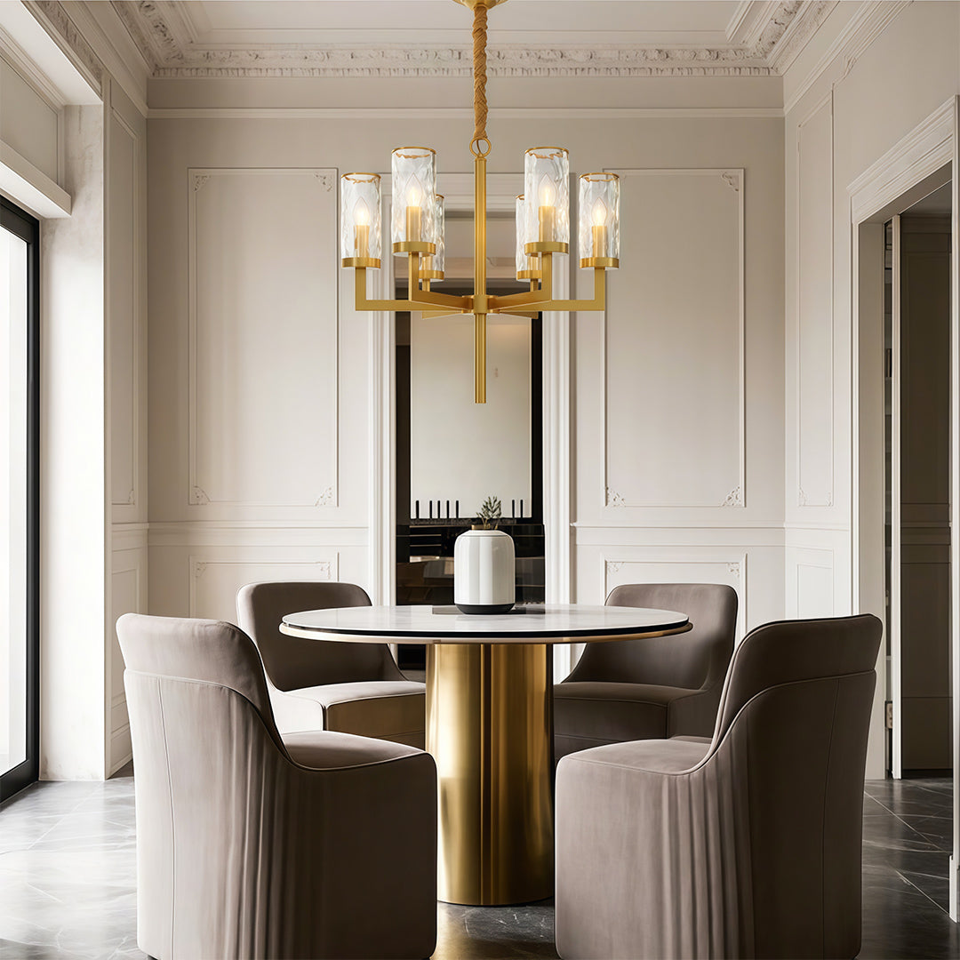 Modern luxury chandeliers lighting bright contemporary dining area with white walls