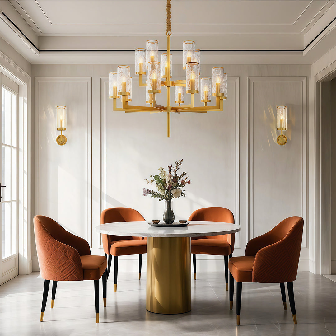 Island chandelier modern enhancing bright dining room with rust-colored upholstered chairs