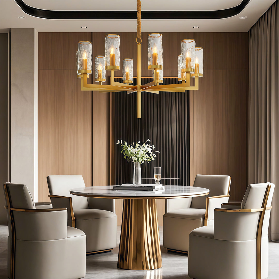 Modern luxury chandeliers creating dramatic effect in sophisticated dining space with dark ceiling