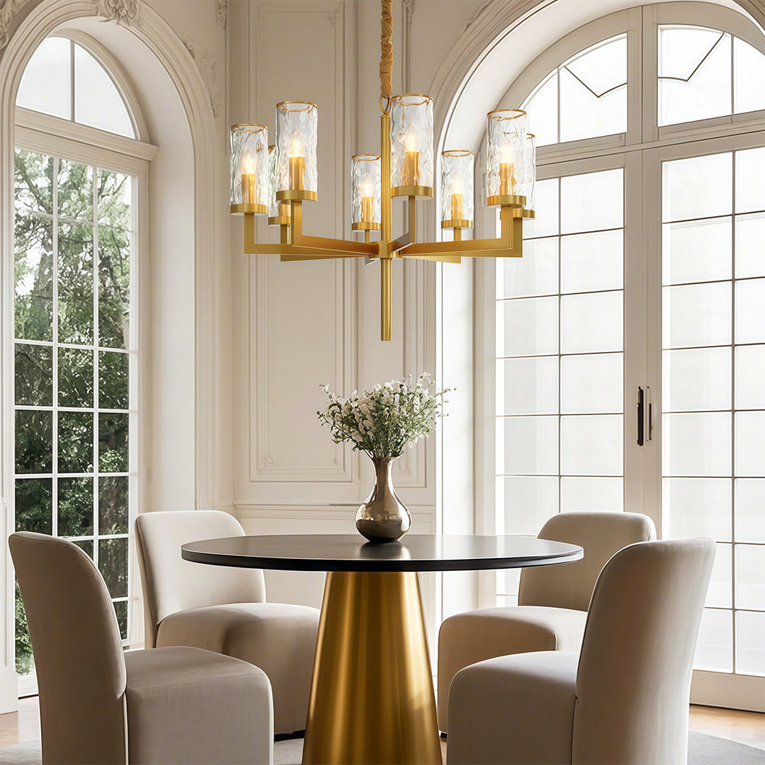 Island chandelier modern illuminating elegant dining room with gold cylindrical table base