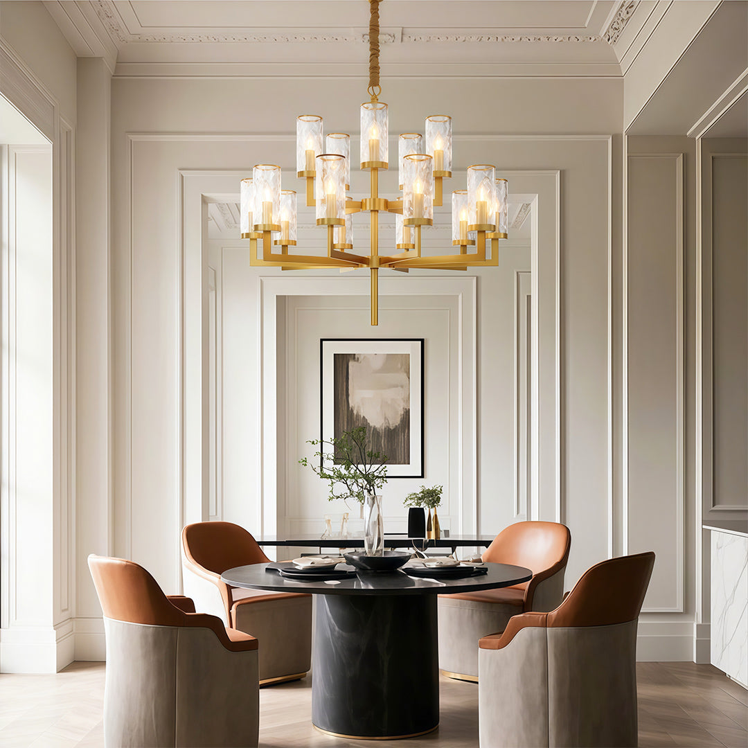 Island chandelier modern above round table in luxurious dining space with neutral palette