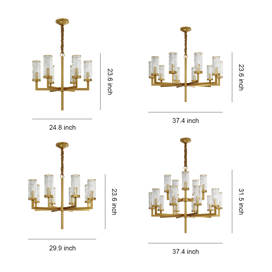 Island chandelier modern specification diagram showing multiple size and configuration options