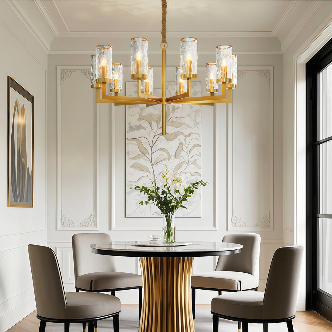 Modern luxury chandeliers enhancing sophisticated dining room with paneled walls and artwork