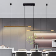 Elegant dining room illuminated by sleek gold island linear pendant lighting with warm LED glow.