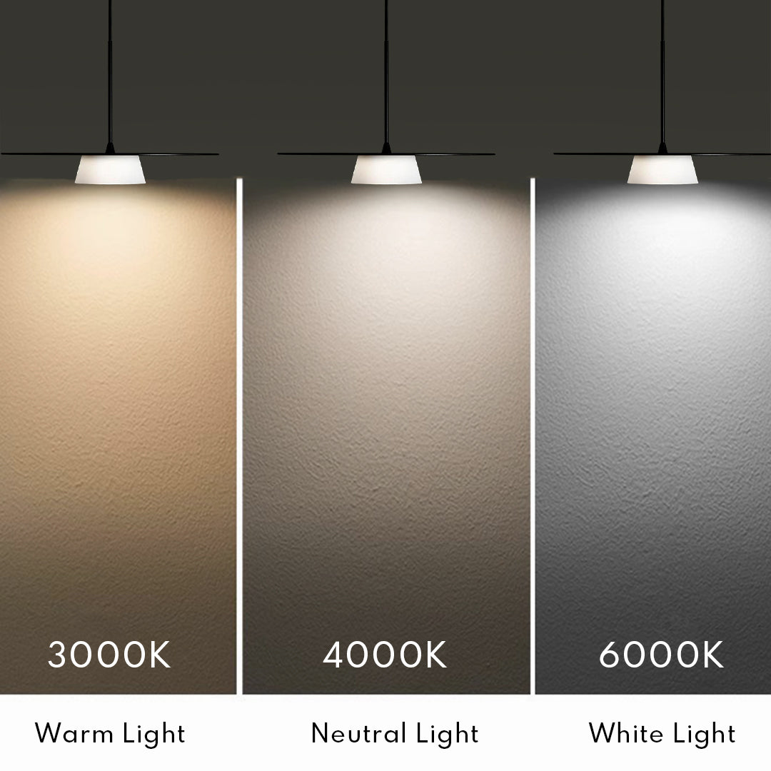 Color temperature comparison of island pendant light fixtures showing warm, neutral, and cool lighting