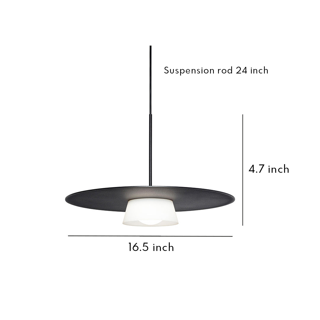 Technical specifications diagram for island pendant light fixtures with disc and globe design measurements