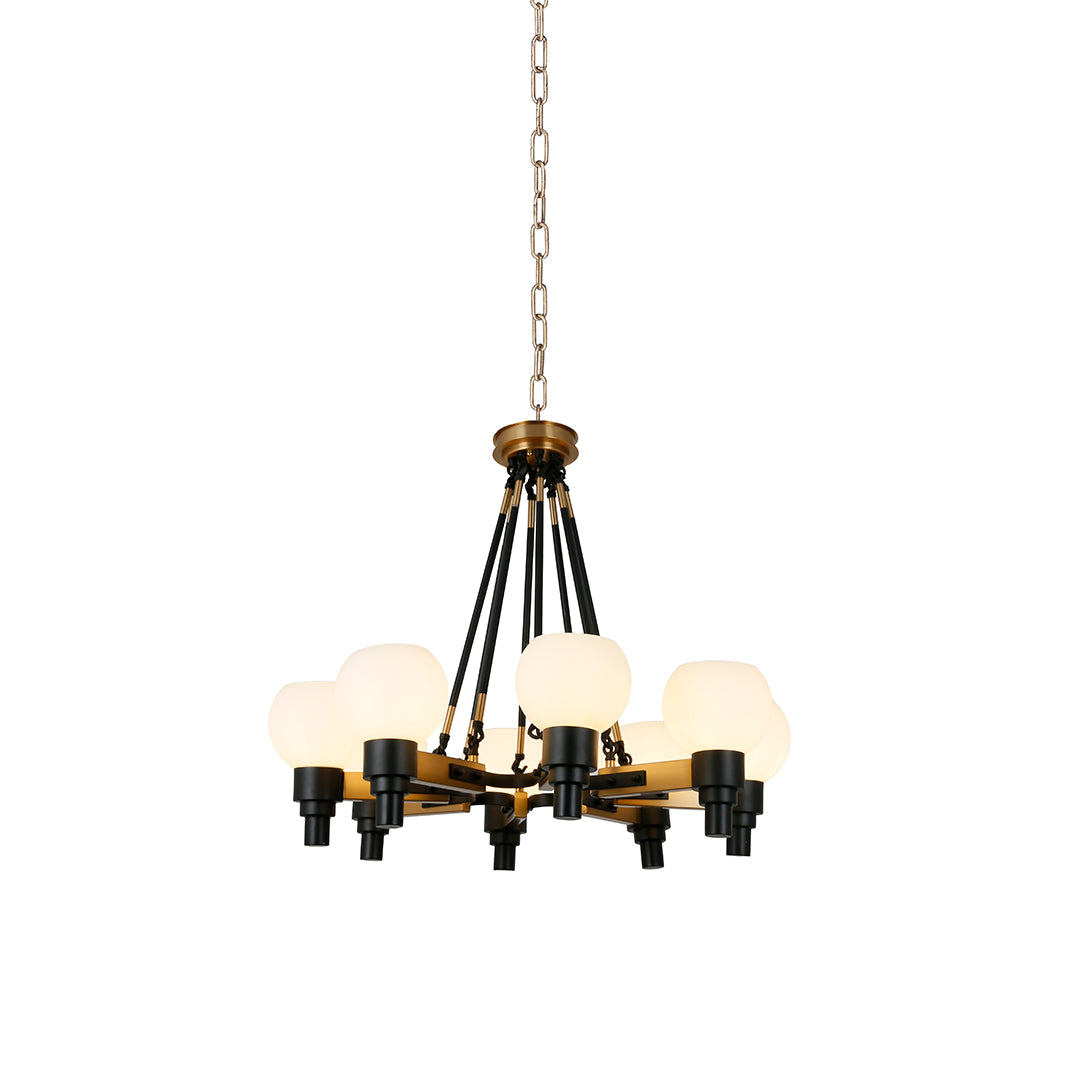 Isolated view of the 8 light chandeliers, featuring its angular metal cage design and eight exposed candelabra sockets.