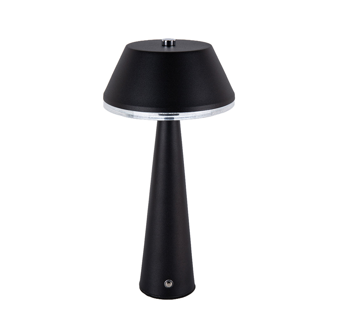 Isolated full-view of a black aluminum rechargeable table lamps featuring a wide, downward-facing lampshade. 