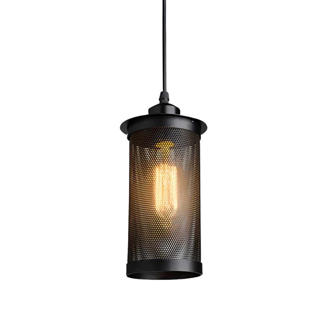 Isolated product shot of the black cylinder retro industrial pendant lights highlighting the mesh pattern and exposed bulb.