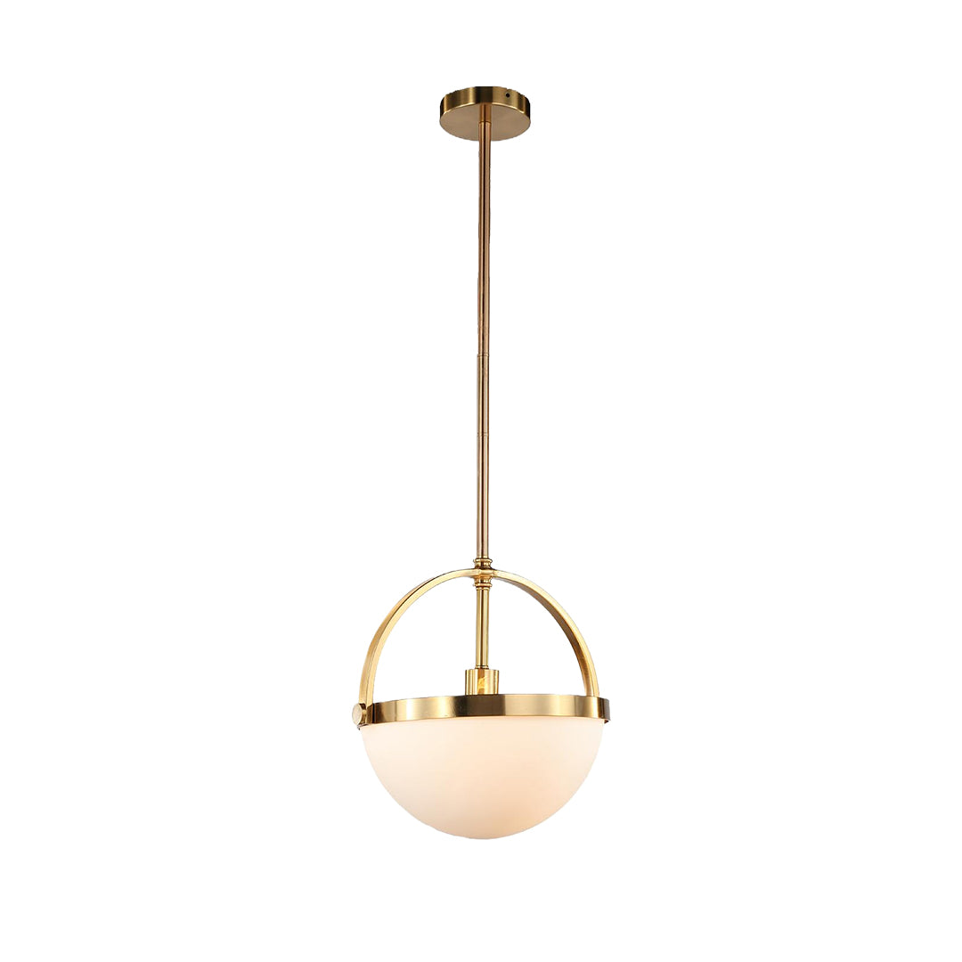 Isolated view of the gold and white pendant light, highlighting the sleek vertical rod and the brass ring support around the white glass sphere.