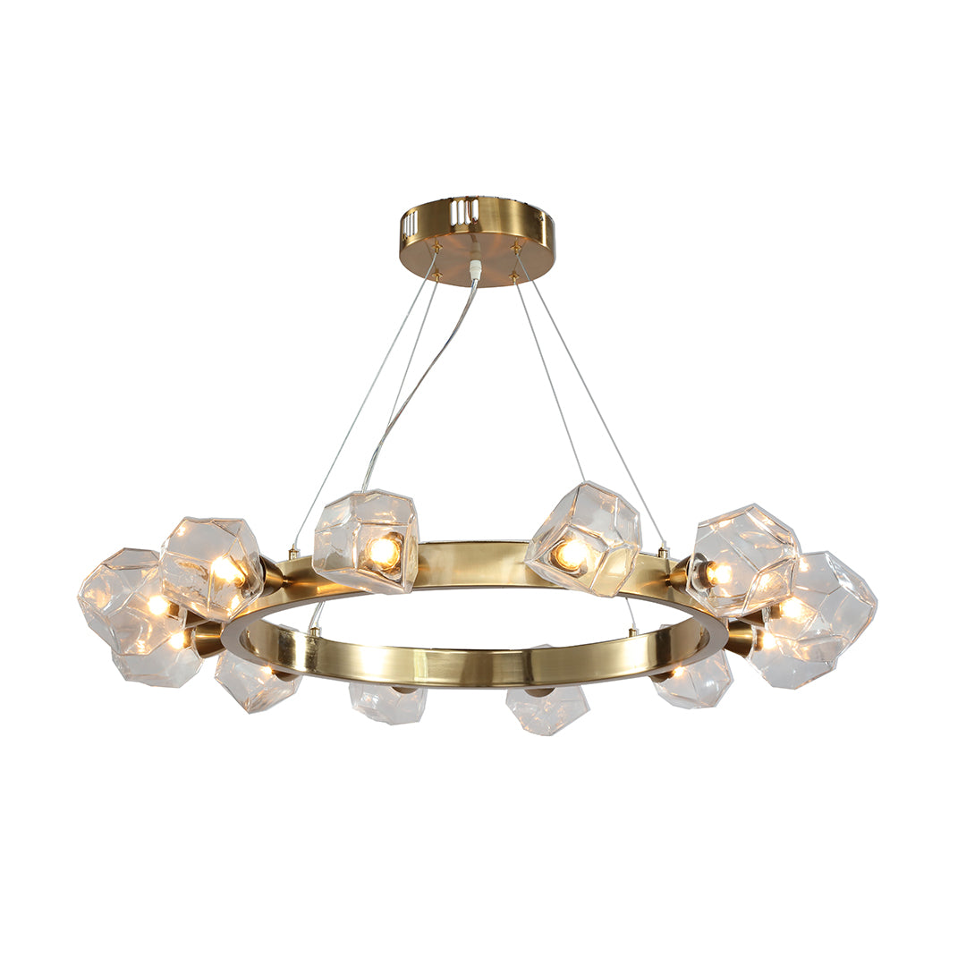 Isolated close-up view of the brushed brass gold round chandelier, showcasing the unique rock-crystal-style glass diffusers.