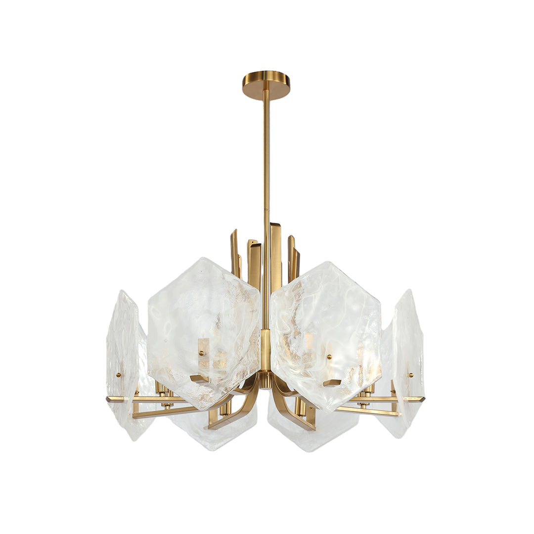 Isolated view of the unique gold geometric chandelier, showcasing the brushed gold frame and translucent, natural crystal pieces.