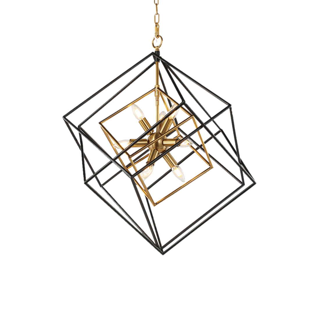 Isolated view of the square pendant lights fixture, showcasing the exposed four-light candelabra inside the dual geometric frame.