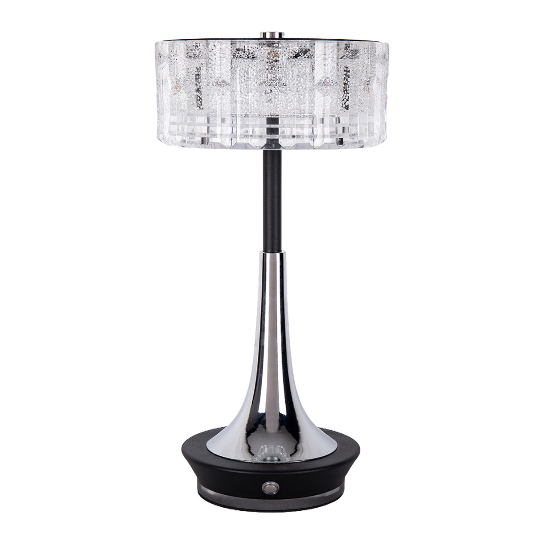 Isolated product view of a chrome black cordless mushroom table lamp featuring a textured crystal-style shade. 