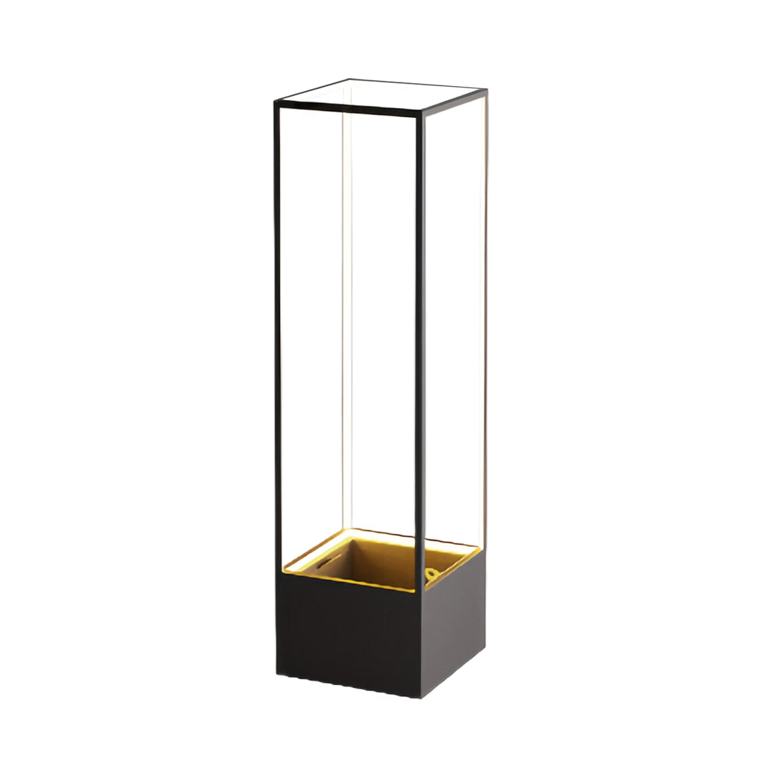 Isolated view of the black square floor lamps, showing the clean vertical frame and the subtle LED light strip around the top of the planter box.