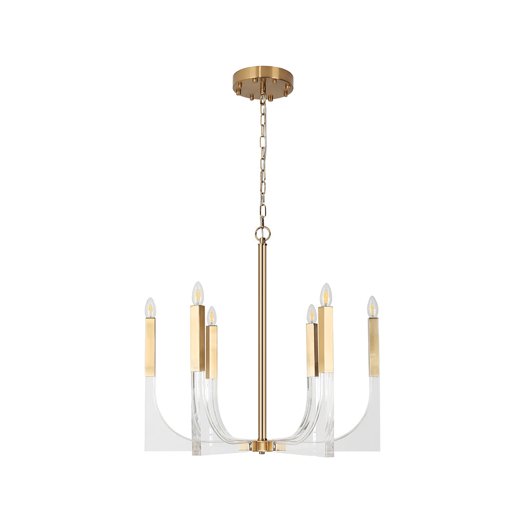 Isolated view of the acrylic chandeliers, highlighting the clear, curved base that supports the metal arms for a sleek, modern look.