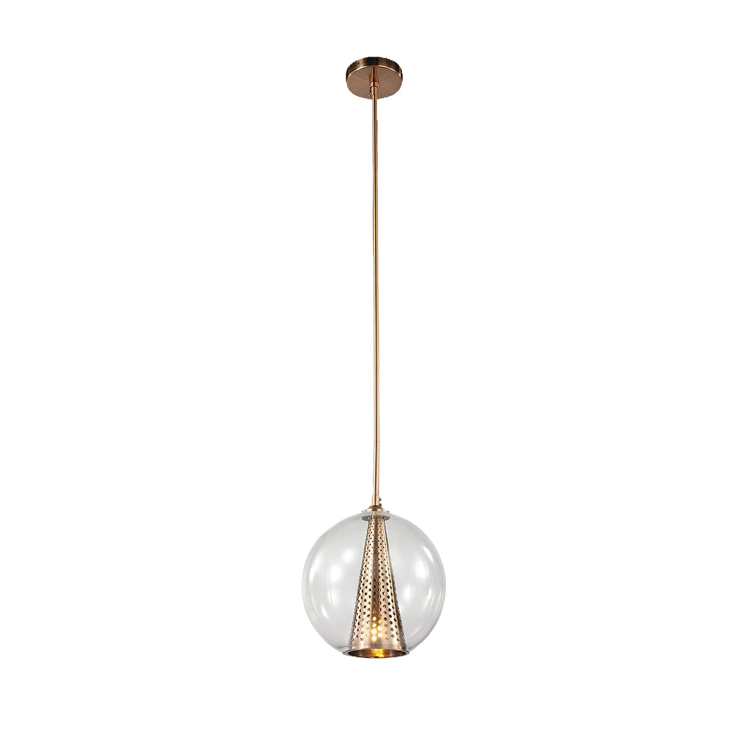 Isolated view of the single glass ball pendant lights, showcasing the clear sphere, long thin cord, and intricate internal metal detail.