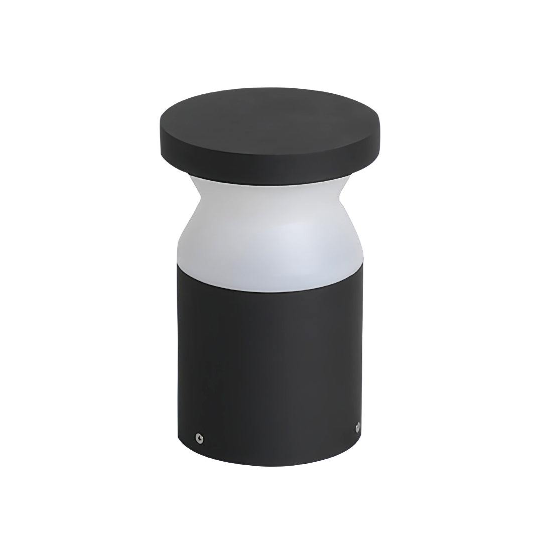 Isolated view of the black cylindrical modern path lights with an hourglass-shaped white light diffuser and flat top.