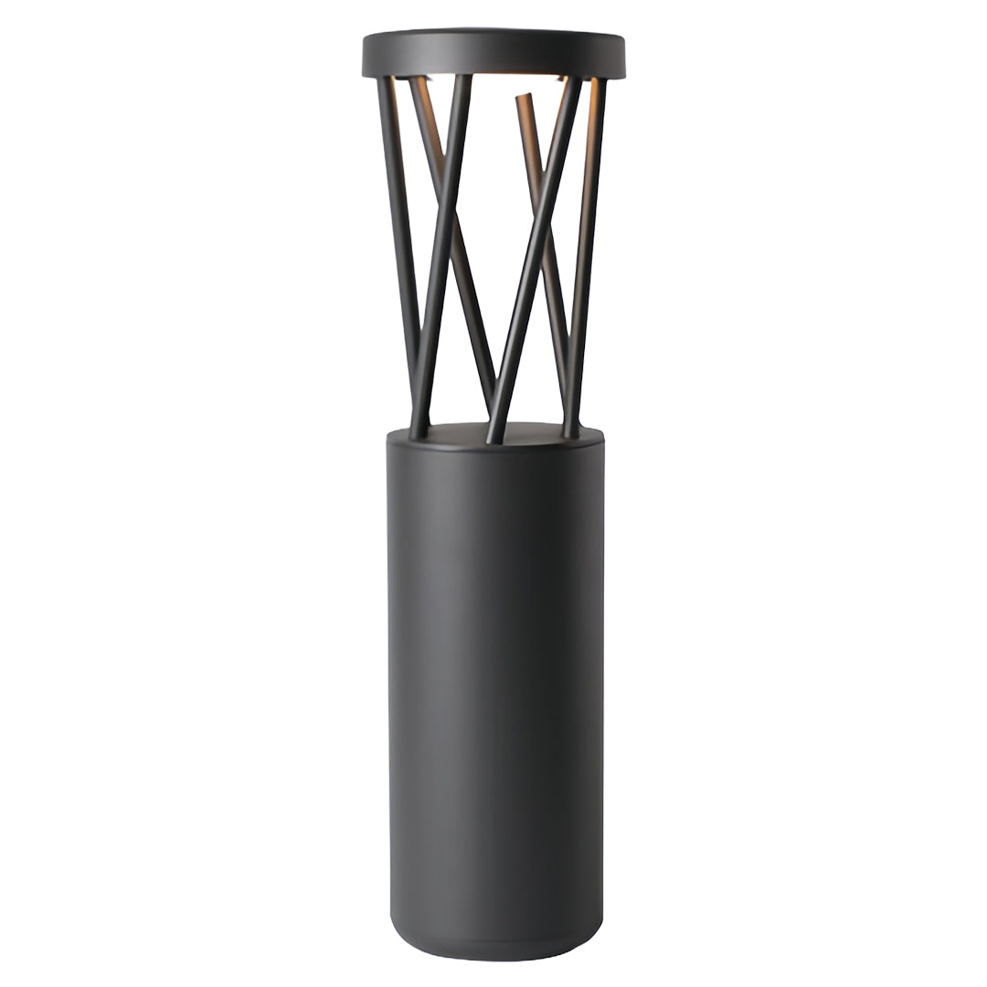 Isolated product view of the cylindrical bright path lights with a black metal cage top design for modern outdoor spaces.