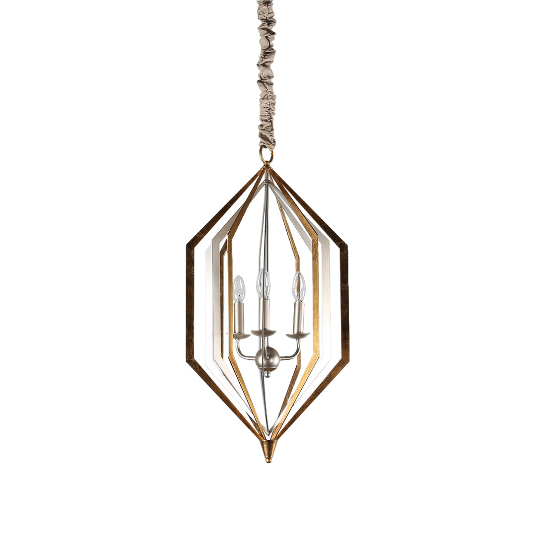 Isolated view of the brown pendant lights with exposed candle bulbs and a detailed dark bronze outer geometric frame.