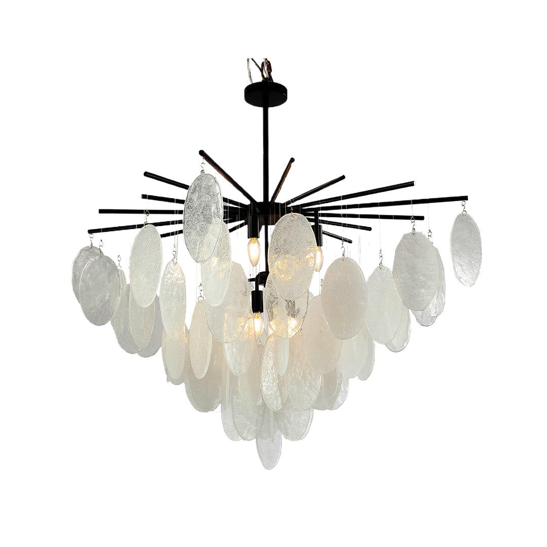 Isolated view of the mother of pearl chandelier, showcasing its elegant cascade of organically shaped, shell-like white discs.