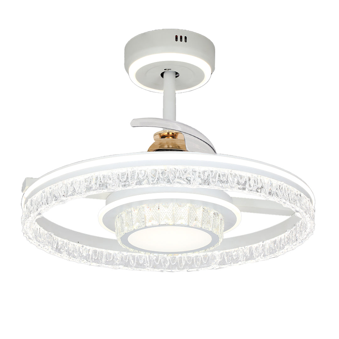 Isolated view of the elegant white and gold ceiling fan with round light showcasing the full crystal and hidden blade design. 