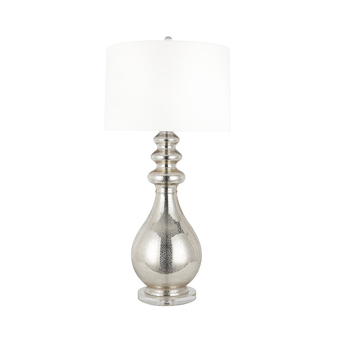 Isolated product shot of the elegant modern silver table lamp with a textured mercury glass base and crisp white fabric shade.
