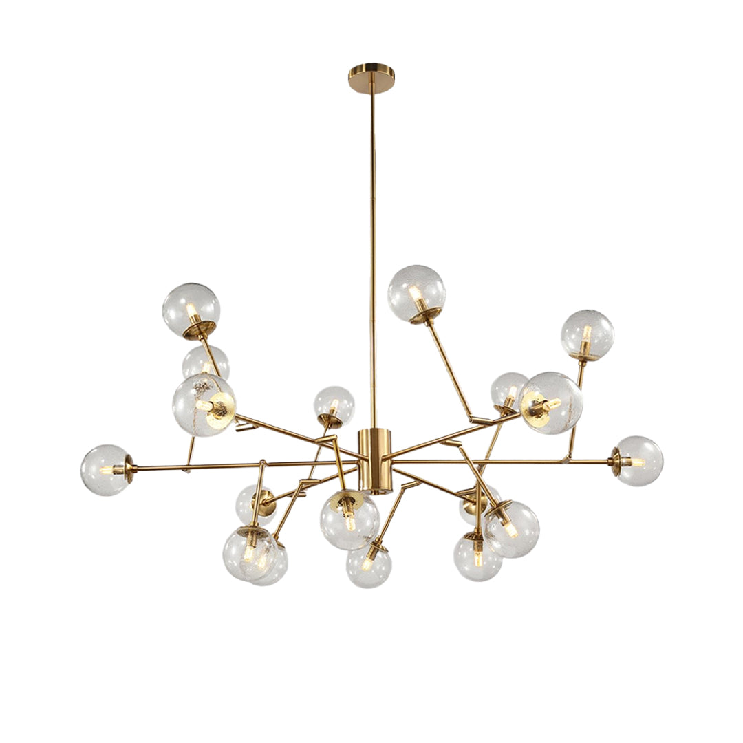 Isolated view of the bubble sputnik chandelier, highlighting its expansive, multi-arm design and the transparent sphere configuration.