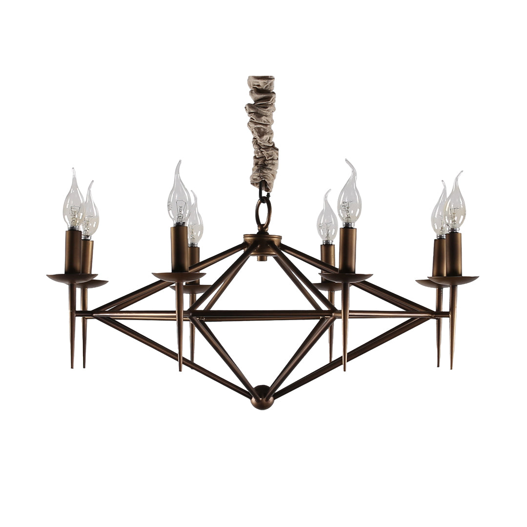 Isolated view of the brown chandelier, highlighting the hammered metal finish and unique geometric diamond frame.