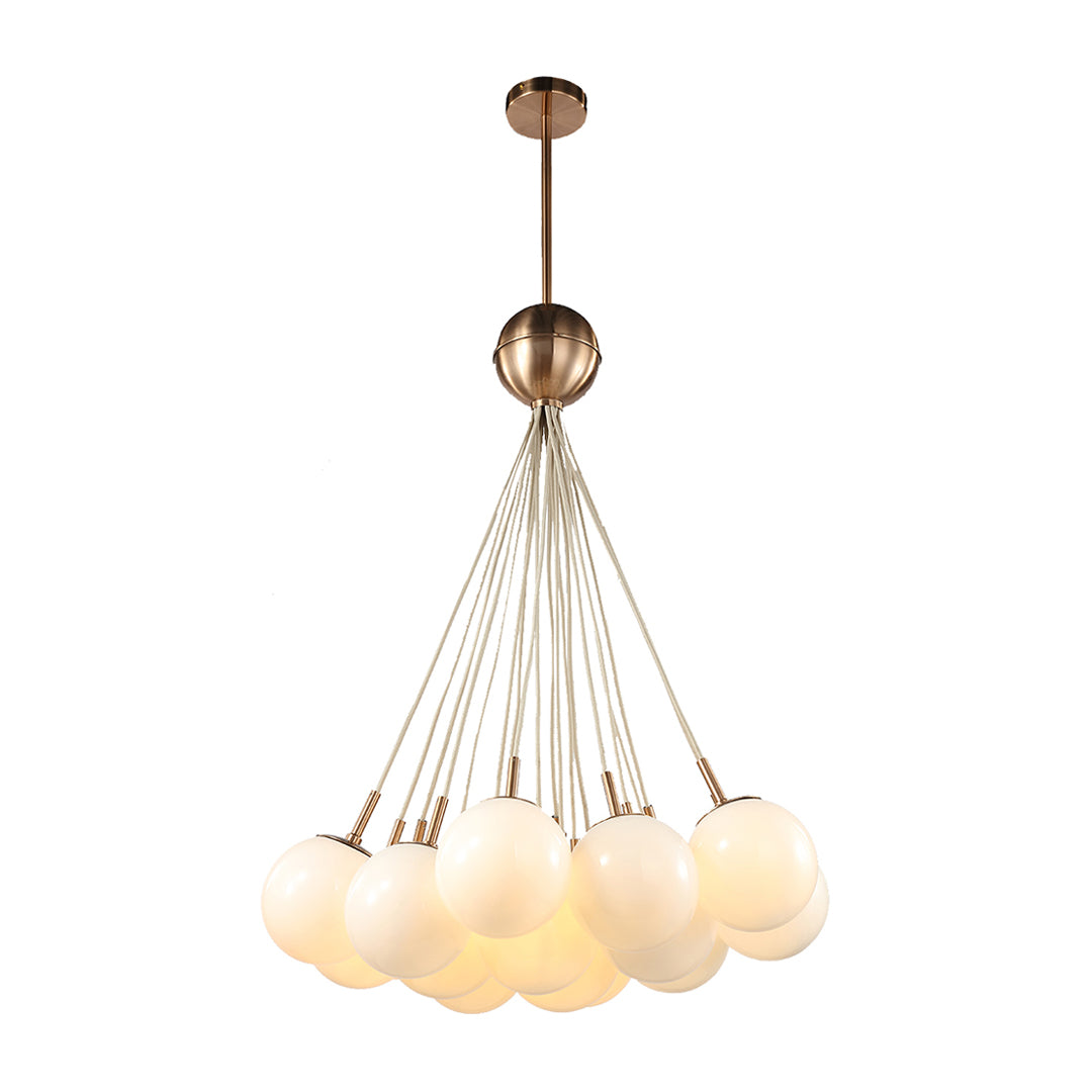 Isolated view of the bubble glass chandelier, showcasing its unique hanging cluster design with individual white spheres suspended by fine chains.