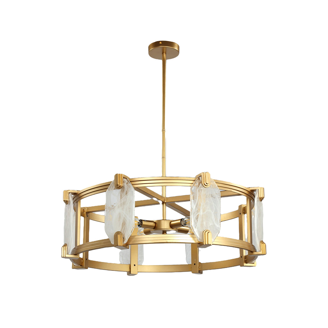 Isolated view of the round glass chandelier, highlighting its hexagonal gold frame and the thick, prismatic crystal light diffusers.