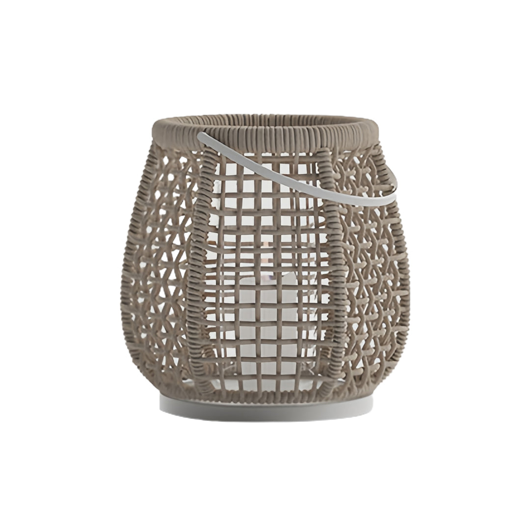 Isolated view of the light taupe woven outdoor lanterns, showcasing the intricate woven rope design and the enclosed central light source.