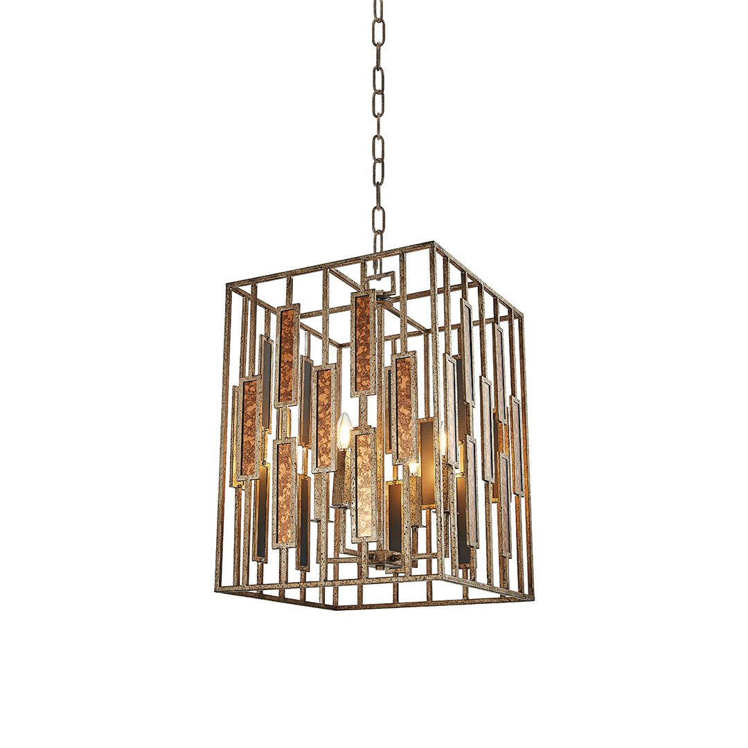 Isolated close-up of the vintage copper pendant light fixture, showcasing the unique linear metal cage and textured glass rods.