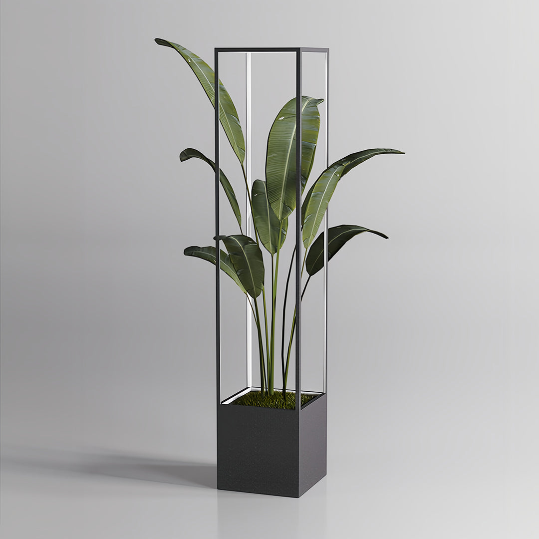 Isolated product view of the square floor lamps planter with a minimalist metal frame, showing its clean lines and integrated light strip.