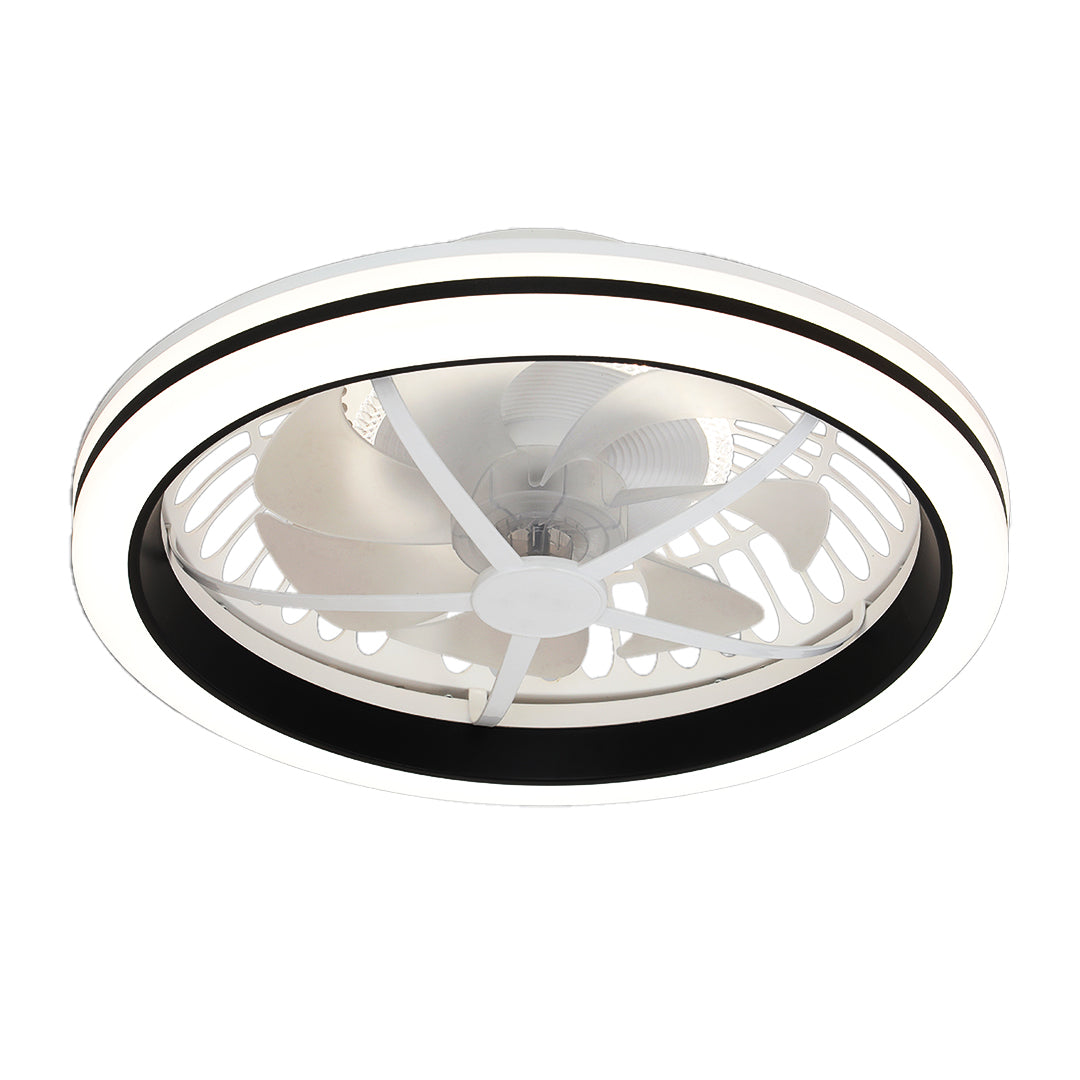 Isolated close-up of a modern white flush mount ceiling fan with light with black trim and six white blades. 
