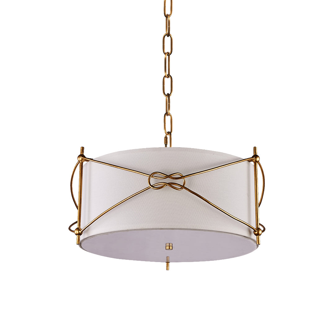 Isolated view of the stylish white drum pendant light, showcasing the decorative nautical knot-style brass metal frame.