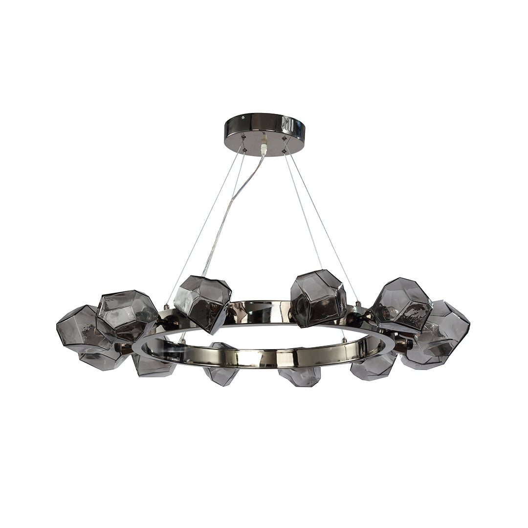 Isolated view of the black round chandelier with a polished nickel frame and large, dark gray faceted crystal accents.