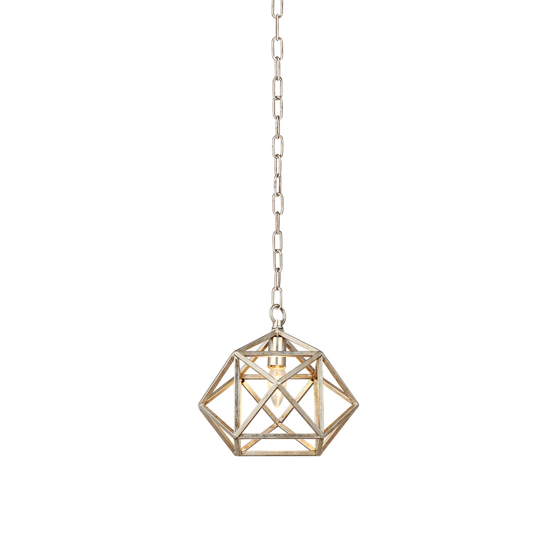 Isolated image of the gold metal pendant light, showcasing its open, multifaceted brass cage design and chain suspension.
